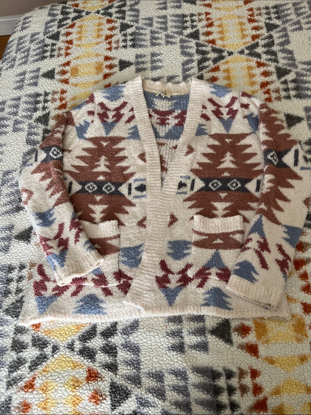 entro Aztec Open-Front Cardigan Sweater - Cream, Brown, Blue, Rust